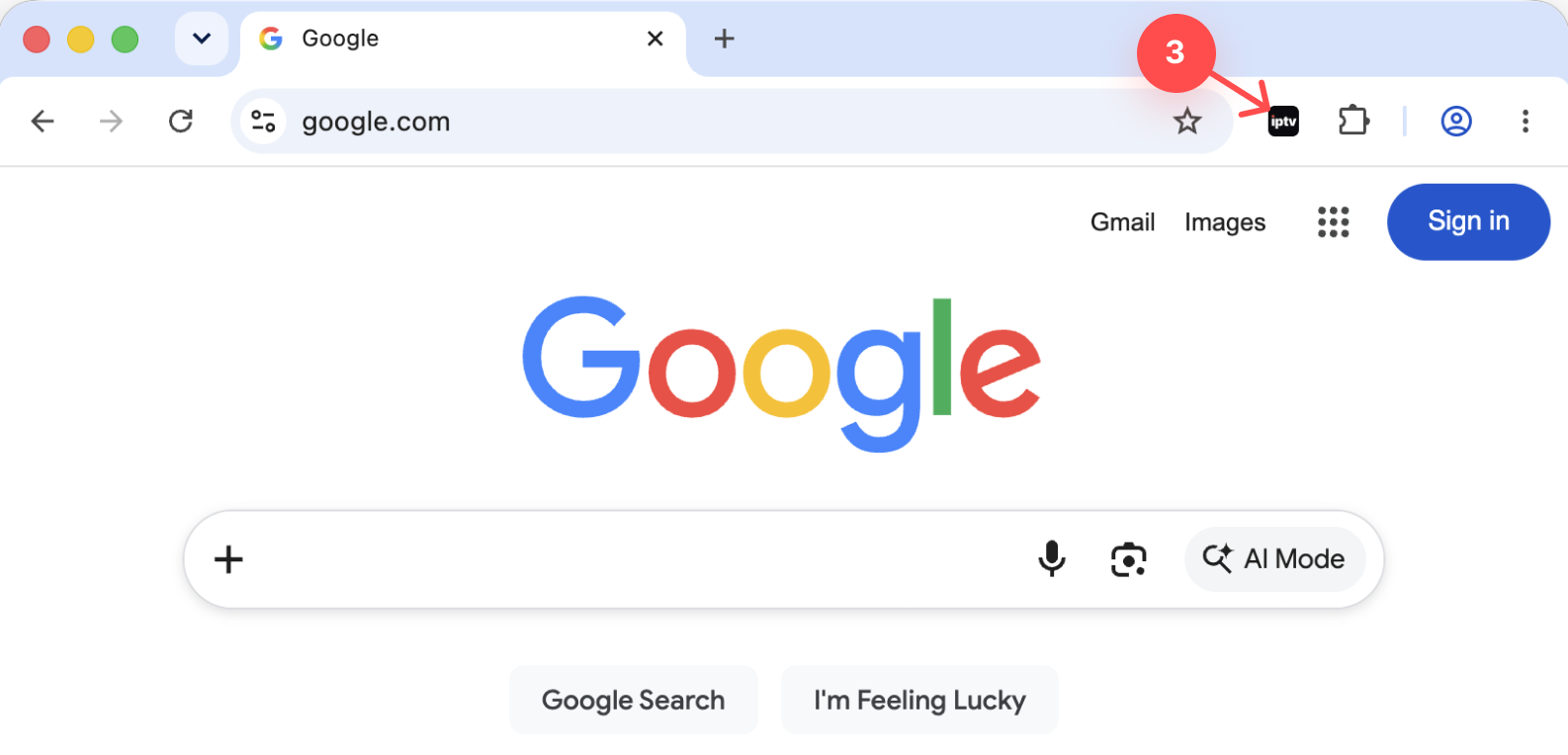 Pinned IPTV Player icon in the Chrome toolbar.
