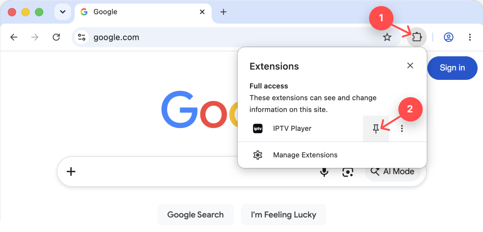 Extensions menu with the IPTV Player pin highlighted.
